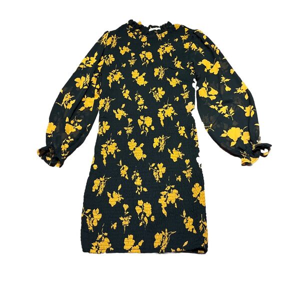 ACTIVE USA WOMENS BLACK AND YELLOW FLORAL BODYCON MINI DRESS SHEER SLEEVES SZ M - Picture 1 of 10